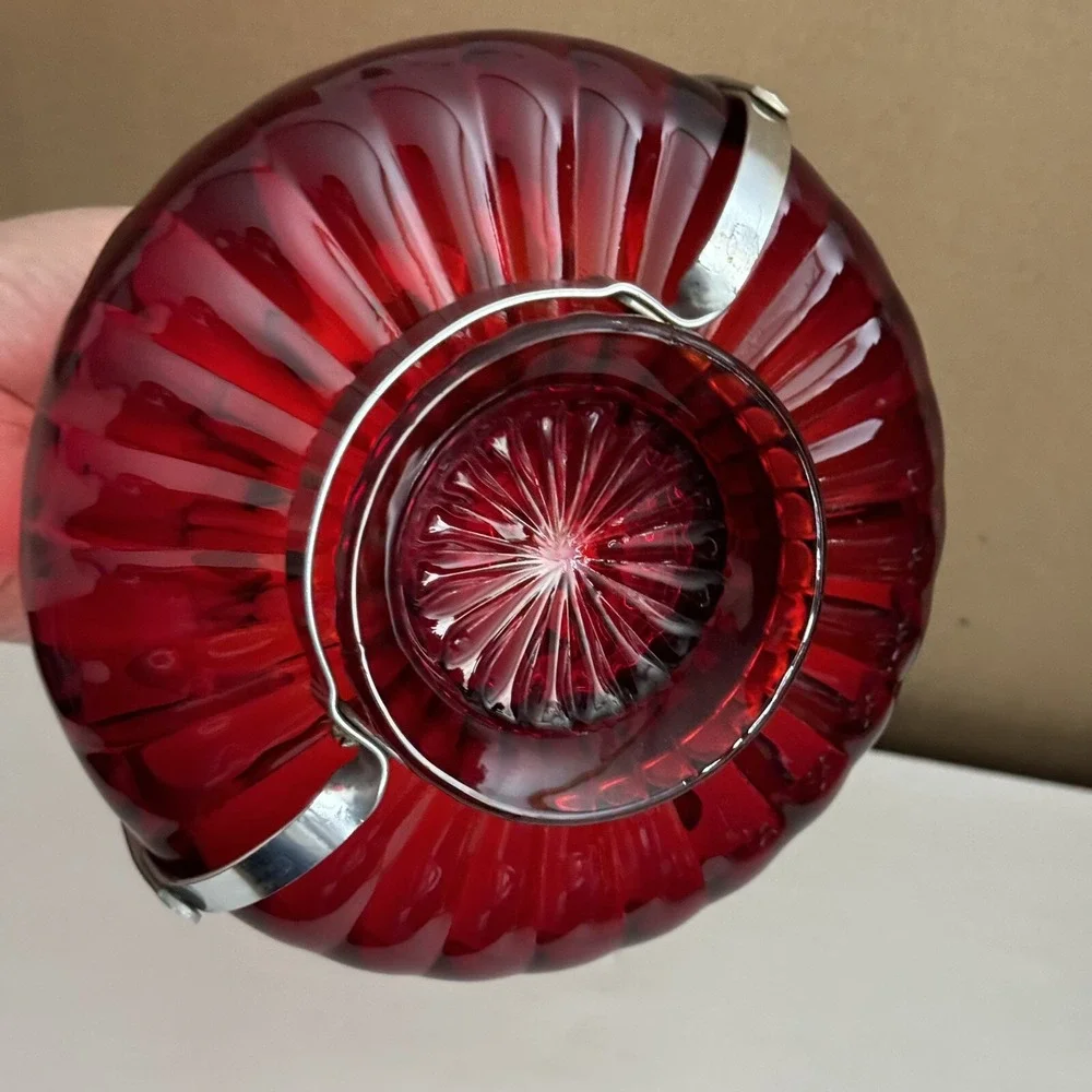 Imperial Glass Red Pillar Flutes Relish Sea Food Bowl‎ w/ Metal Handle Antique
